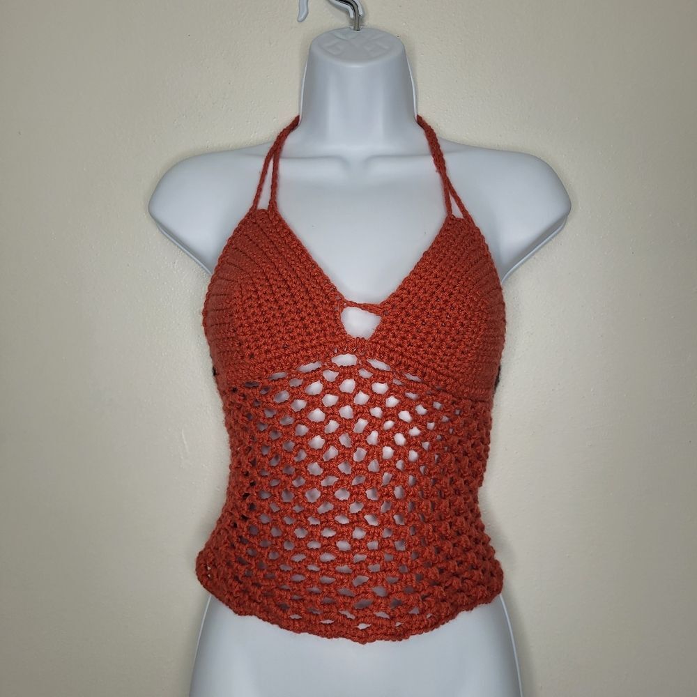 Handmade crochet open knit halter lace up back boho festival top artsy